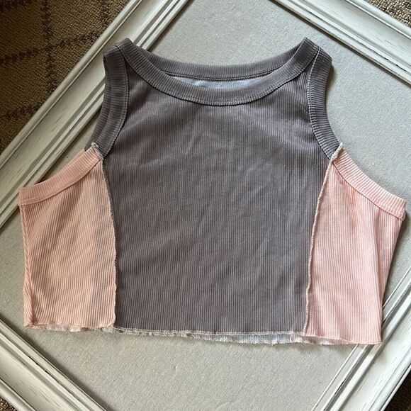 Gray and peach cropped boho ribbed knit shirt M - Picture 1 of 7